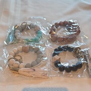 Stylish Beaded Key Ring Bracelets Set Of 4, New, Gold Hardware Tassels